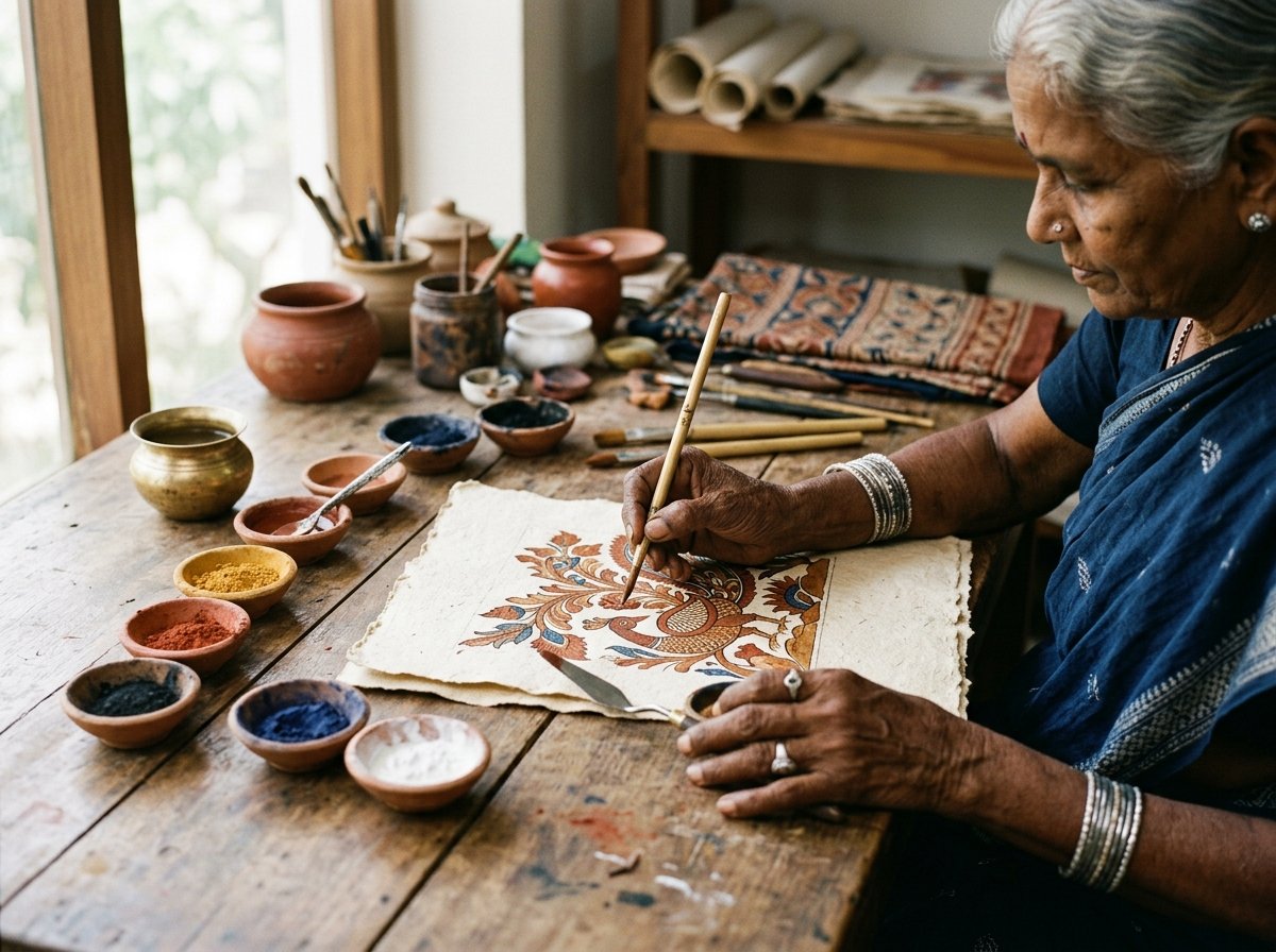 Master Indian artisan preparing traditional motifs with natural mineral pigments