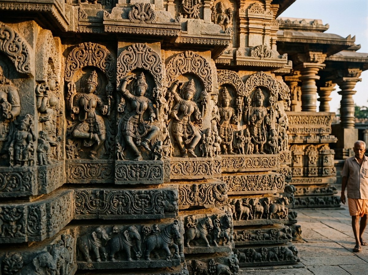 Intricate Hoysala stone friezes and carved celestial deities on the temple wall of Belur