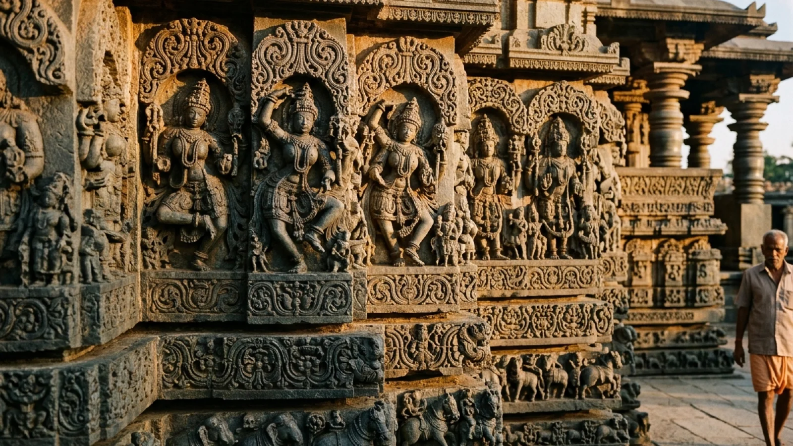 Intricate chloritic schist stone relief carving of Hoysala celestial dancer on the outer wall of Chennakeshava Temple, Belur
